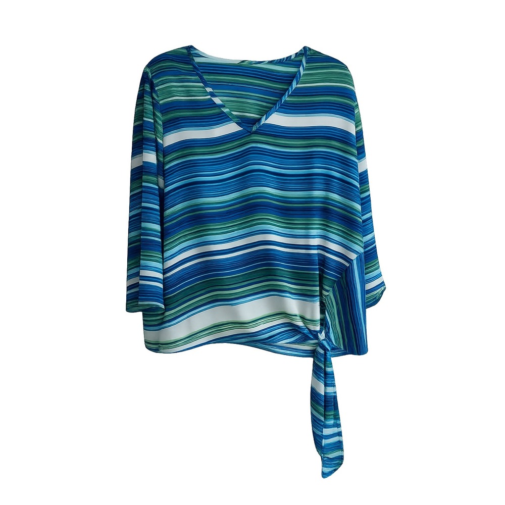 Karen Kane Blue Green Stripe Tie Waist Blouse Large Made in USA